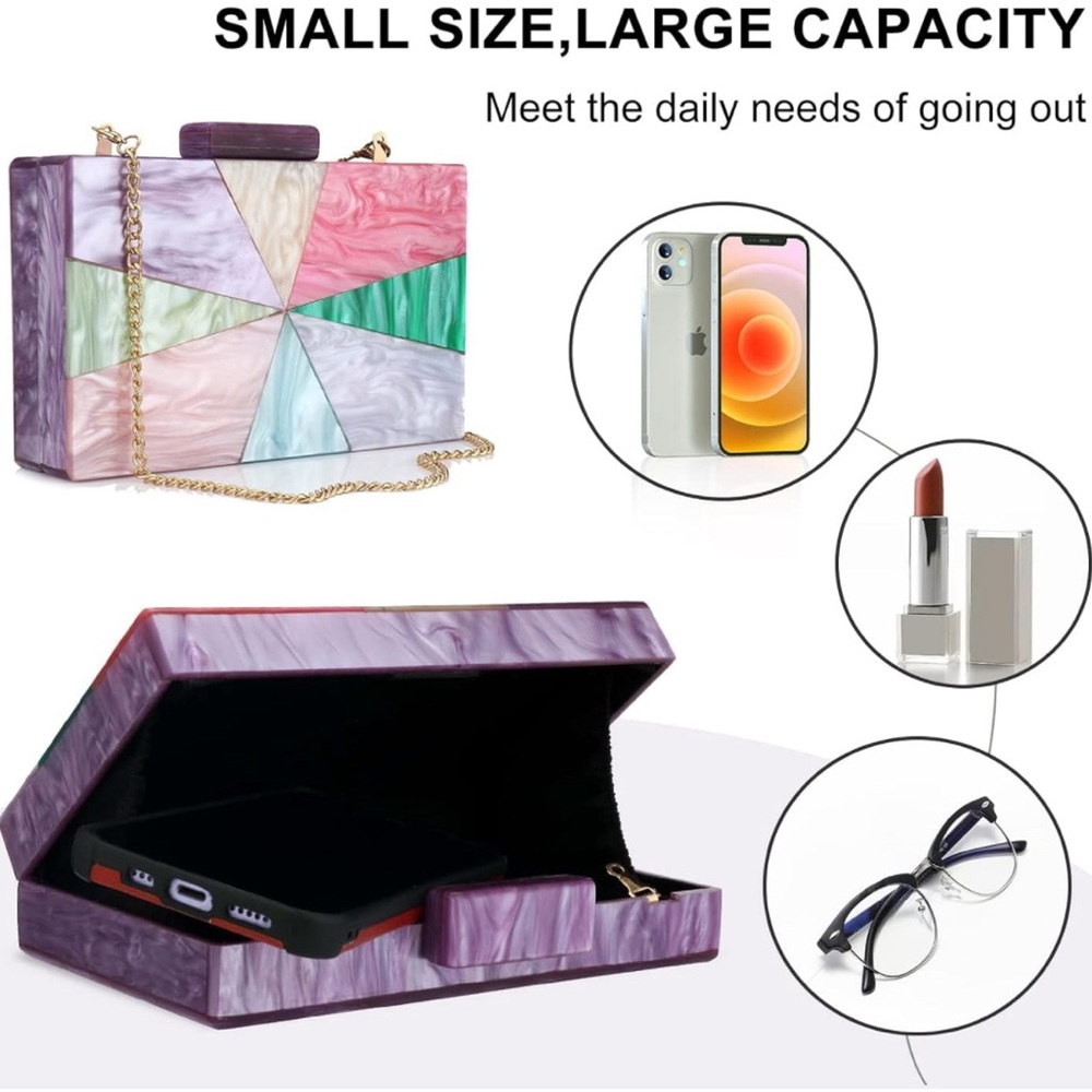 Glamorous Colorblock Multicolor Resin Reflective Turnlock Clutch Box Purse New - Picture 7 of 7
